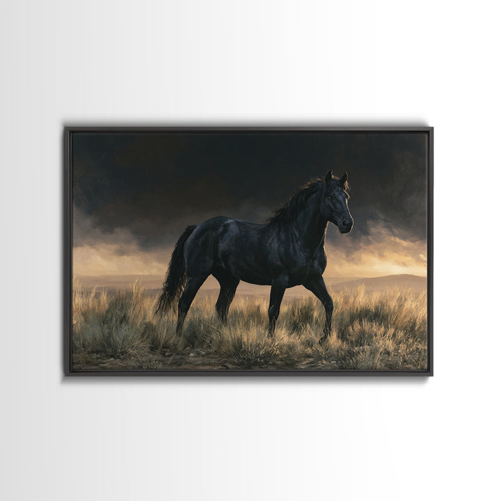 Black Horse Portrait on Deep Charcoal Background Canvas Print, Equestrian Art, Green Wall Art, Living Room Decor, Equestrian, EQU-3x2-78
