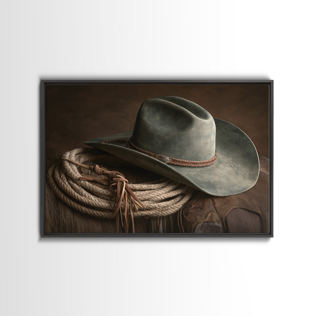 Cowgirl Hat and Reins Still Life Framed Canvas Print, Equestrian Art, Fine Art Print, Living Room Decor, Fine Art, Equestrian, EQU-3x2-87