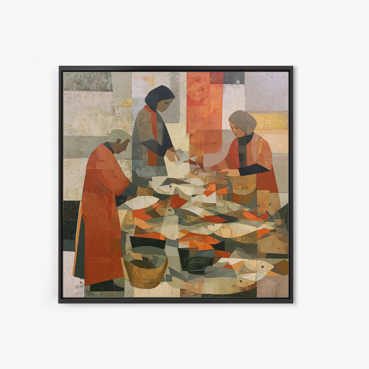 Fish Market Scene Framed Canvas Print, Expressionist Art, Minimalist Wall Art, Living Room Decor, Fine Art, Expression, EXP-1x1-46