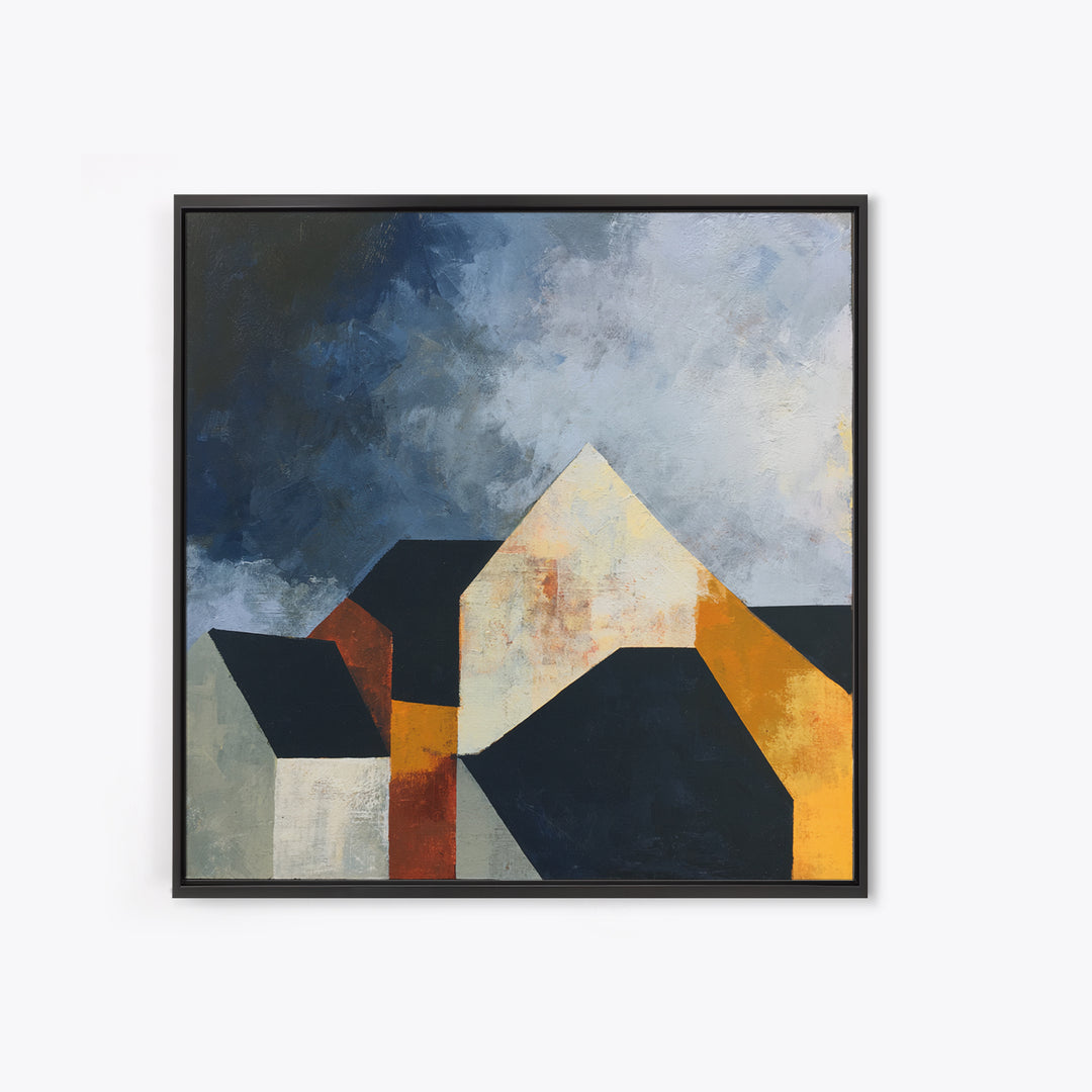 Storm Clouds Above Sharp Black Rooftops Framed Canvas Print, Expressionist Art, Neutral Decor, Living Room Decor, Expression, EXP-1x1-63
