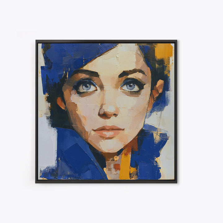 Woman in Blue with Dramatic Expressive Eyes Canvas Print, Expressionist Art, Minimalist Decor, Living Room Decor, Expression, EXP-1x1-88