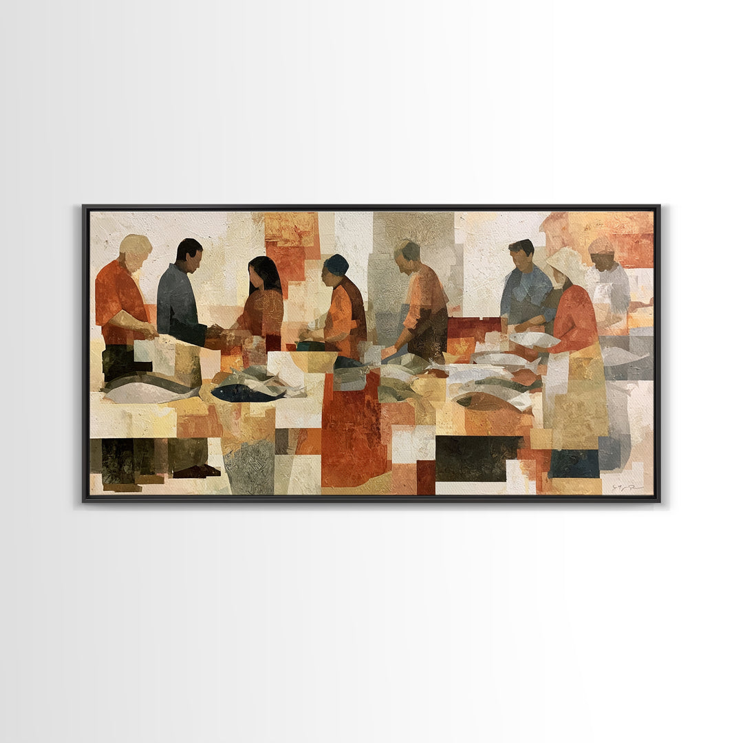 Fish Market Scene Framed Canvas Print, Expressionist Art, Room Decor, Living Room Decor, Abstract Art, Expression, EXP-2x1-18