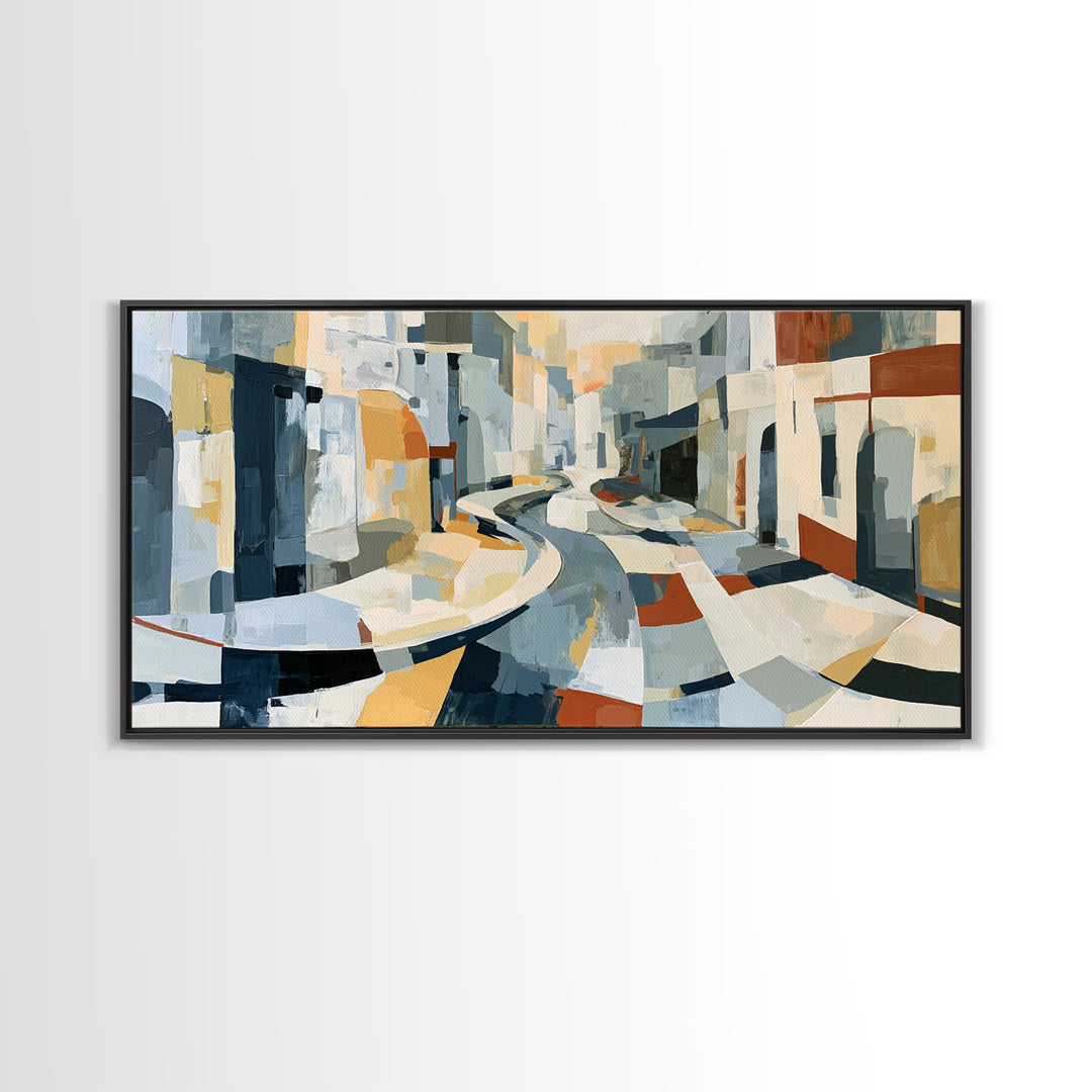 Distorted City Street Framed Canvas Print, Expressionist Art, Abstract Art, Living Room Decor, Expression, Blue Wall Art, EXP-2x1-45