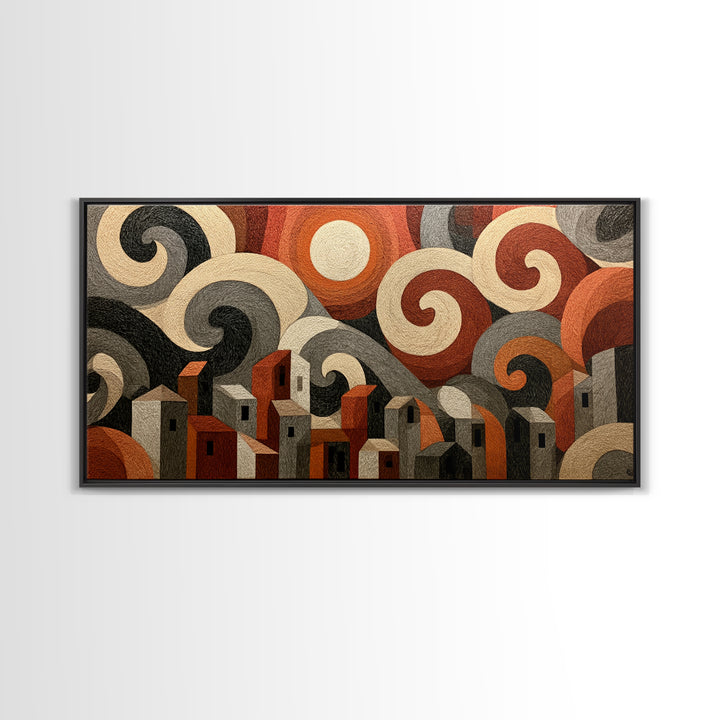 Moonlit Village with Swirling Unnatural Color Framed Canvas Print, Expressionist Art, Art Print, Living Room Decor, Expression, EXP-2x1-56