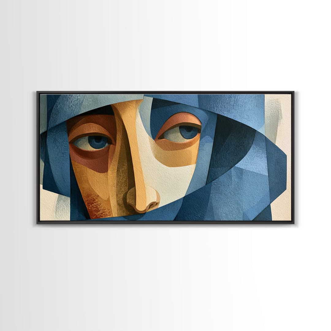 Woman in Blue with Dramatic Expressive Eyes Framed Canvas Print, Expressionist Art, Digital Art, Living Room Decor, Expression, EXP-2x1-60