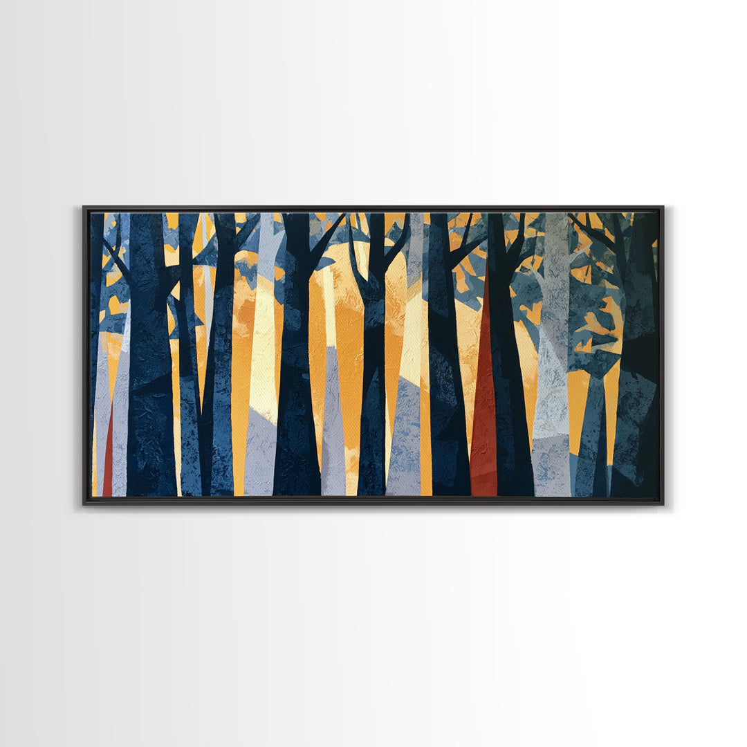 Dark Forest with Angular Trees and Yellow Canvas Print, Expressionist Art, Original Painting, Living Room Decor, Expression, EXP-2x1-98