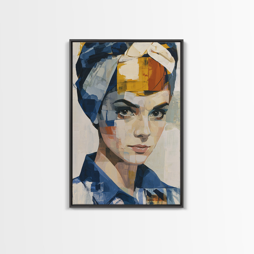 Woman in Blue with Dramatic Expressive Eyes Framed Canvas Print, Expressionist Art, Home Decor, Living Room Decor, Expression, EXP-2x3-48