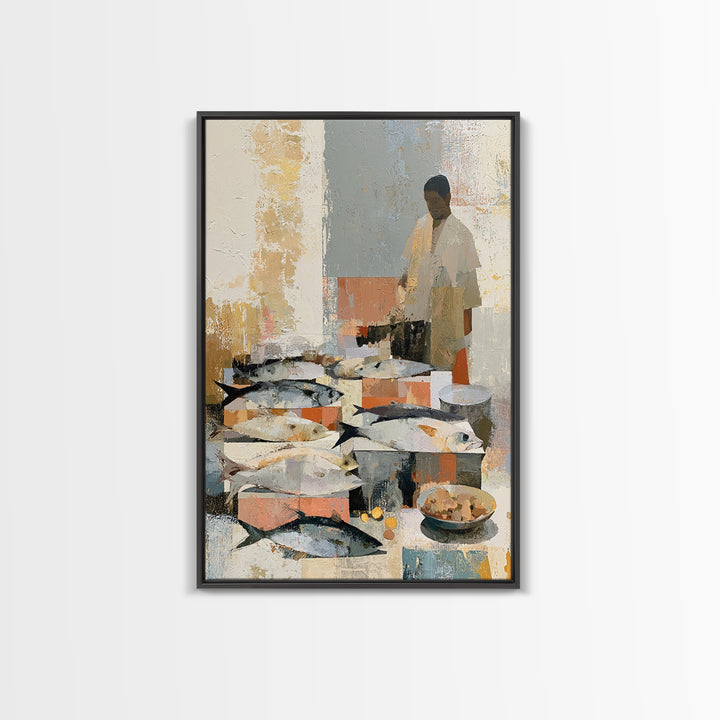 Fish Market Scene Framed Canvas Print, Expressionist Art, Minimalist Decor, Living Room Decor, Fine Art, Expression, EXP-2x3-6