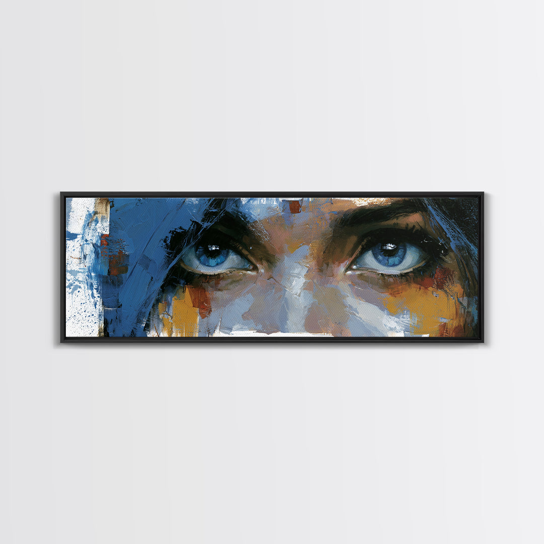 Woman in Blue with Dramatic Expressive Eyes Canvas Print, Expressionist Art, Colorful Wall Art, Living Room Decor, Expression, EXP-3x1-32