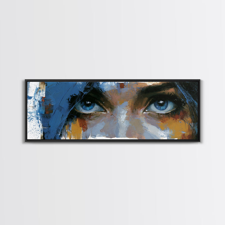 Woman in Blue with Dramatic Expressive Eyes Canvas Print, Expressionist Art, Colorful Wall Art, Living Room Decor, Expression, EXP-3x1-32
