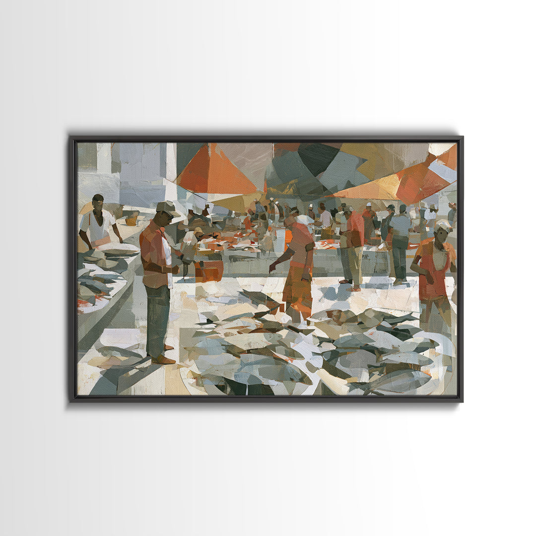 Fish Market Scene Framed Canvas Print, Expressionist Art, Modern Wall Art, Living Room Decor, Expression, Fine Art Print, EXP-3x2-50