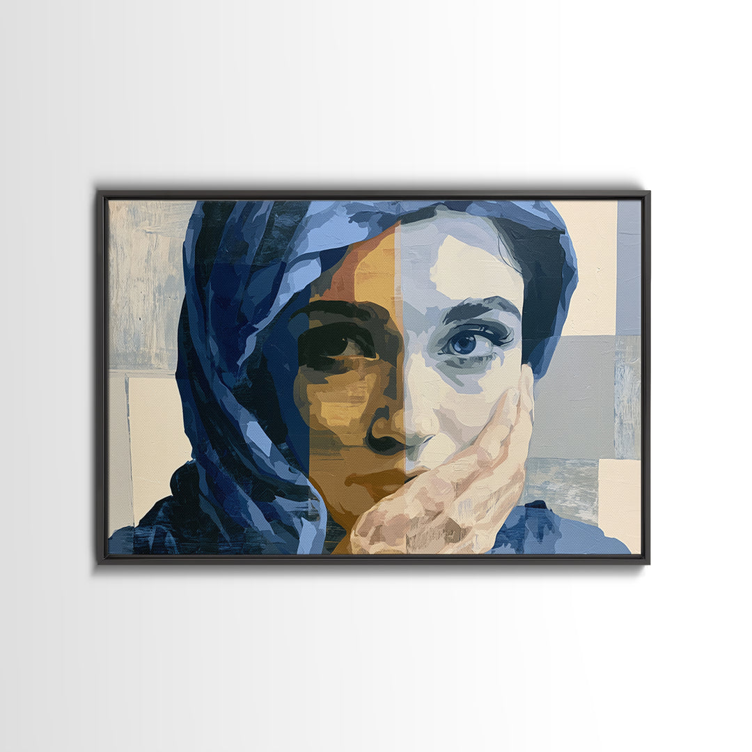 Woman in Blue with Dramatic Expressive Eyes Framed Canvas Print, Expressionist Art, Painting, Living Room Decor, Expression, EXP-3x2-92