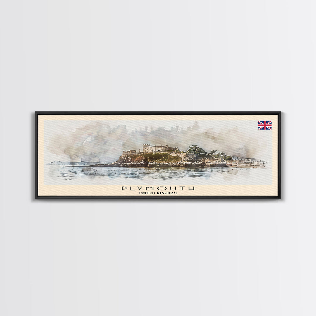 Plymouth United Kingdom Panoramic Travel Poster, Framed Canvas Print or Metal Wall Art, Travel Art, Home Decor, Panoramic Painting, Midcentury Art