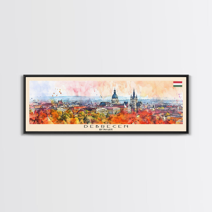 Debrecen Hungary Panoramic Travel Poster, Framed Canvas Print or Metal Wall Art, Travel Art, Home Decor, Panoramic Painting, Midcentury Art