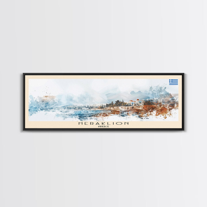Heraklion Greece Panoramic Travel Poster, Framed Canvas Print or Metal Wall Art, Travel Art, Home Decor, Panoramic Painting, Midcentury Art