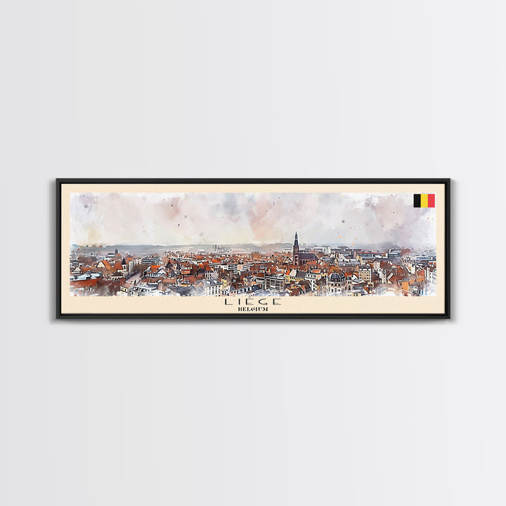 Liege Belgium Panoramic Travel Poster, Framed Canvas Print or Metal Wall Art, Travel Art, Home Decor, Panoramic Painting, Midcentury Art