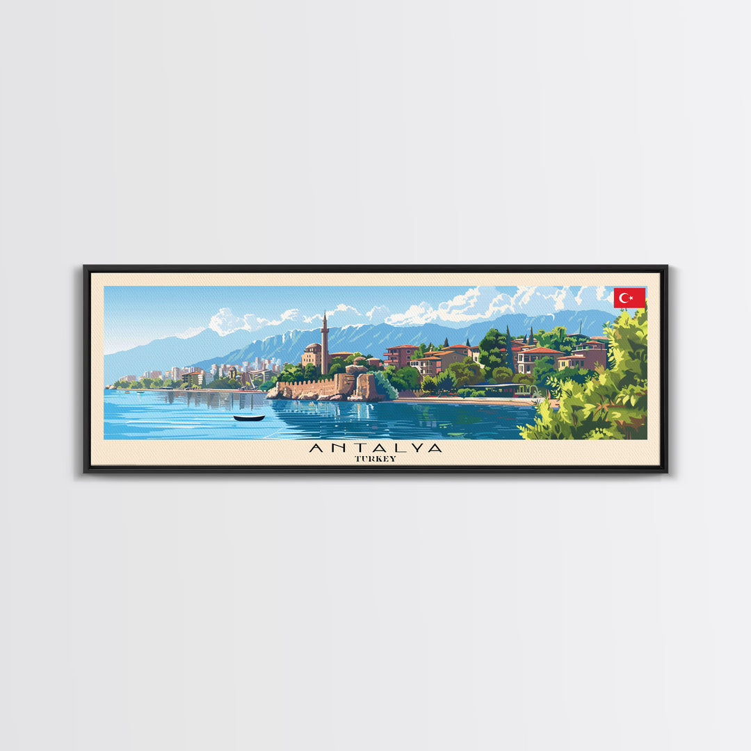 Antalya Turkey Panoramic Travel Poster, Framed Canvas Print or Metal Wall Art, Travel Art, Home Decor, Panoramic Painting, Midcentury Art
