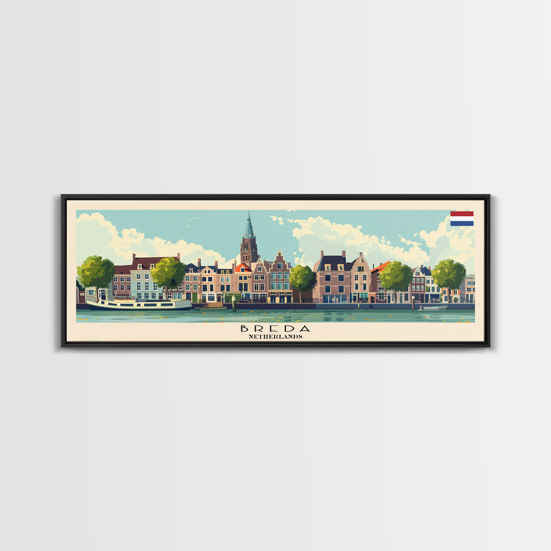 Breda Netherlands Panoramic Travel Poster, Framed Canvas Print or Metal Wall Art, Travel Art, Home Decor, Panoramic Painting, Midcentury Art