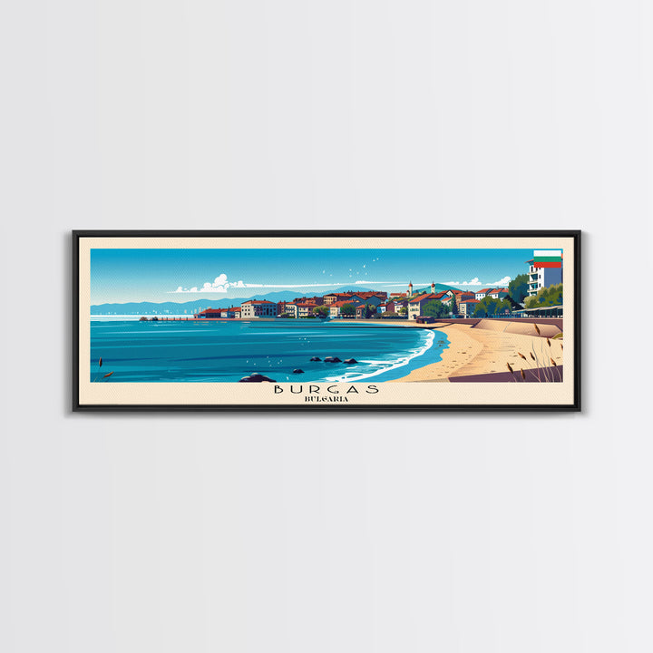 Burgas Bulgaria Panoramic Travel Poster, Framed Canvas Print or Metal Wall Art, Travel Art, Home Decor, Panoramic Painting, Midcentury Art