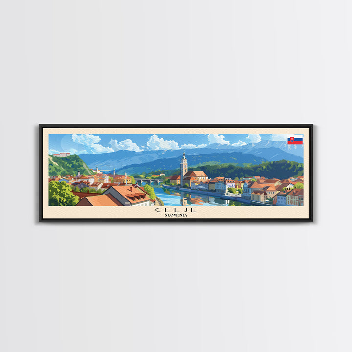 Celje Slovenia Panoramic Travel Poster, Framed Canvas Print or Metal Wall Art, Travel Art, Home Decor, Panoramic Painting, Midcentury Art