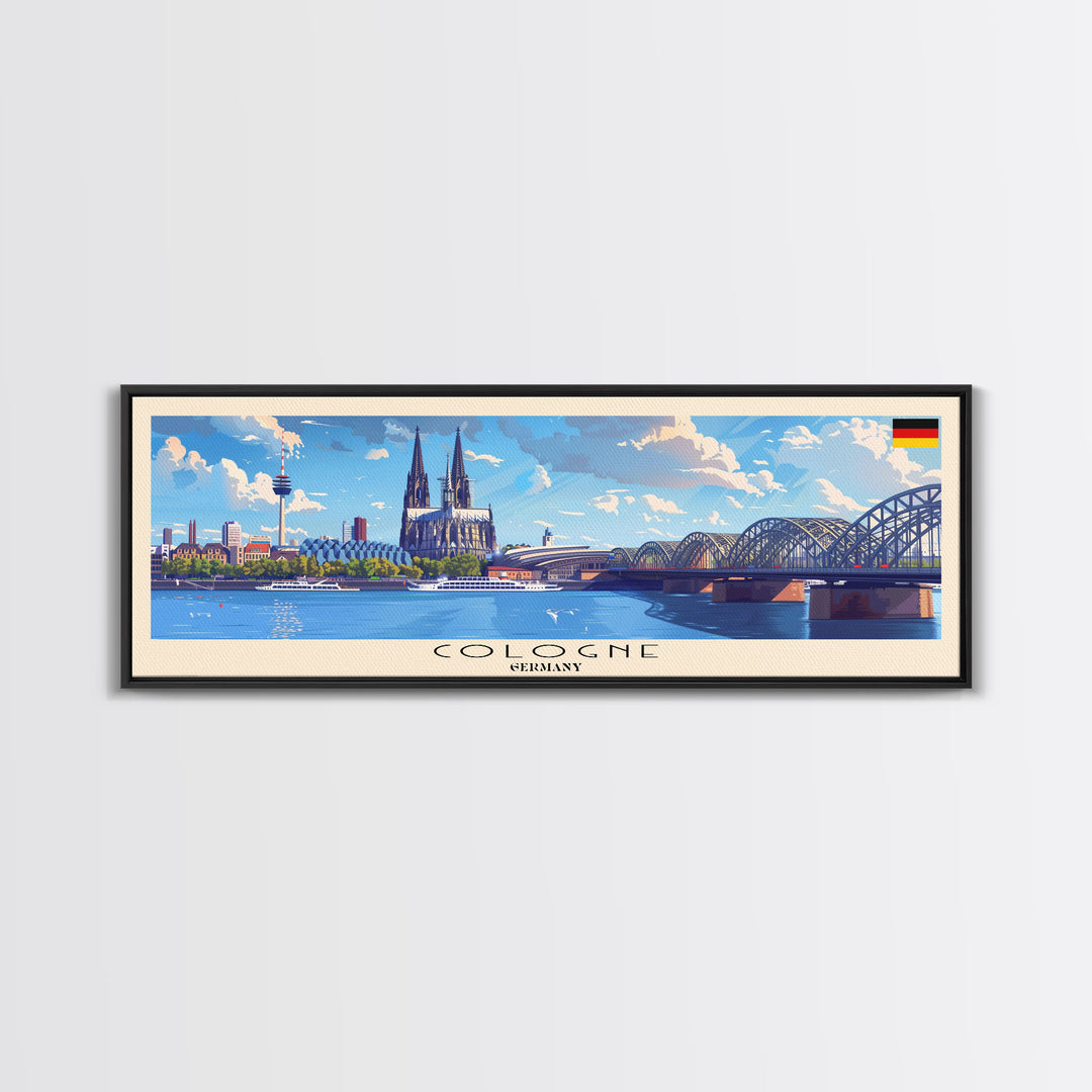Cologne Germany Panoramic Travel Poster, Framed Canvas Print or Metal Wall Art, Travel Art, Home Decor, Panoramic Painting, Midcentury Art