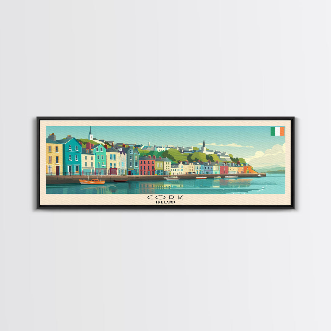Cork Ireland Panoramic Travel Poster, Framed Canvas Print or Metal Wall Art, Travel Art, Home Decor, Panoramic Painting, Midcentury Art