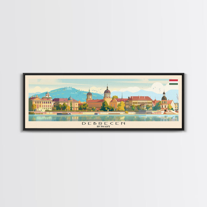 Debrecen Hungary Panoramic Travel Poster, Framed Canvas Print or Metal Wall Art, Travel Art, Home Decor, Panoramic Painting, Midcentury Art