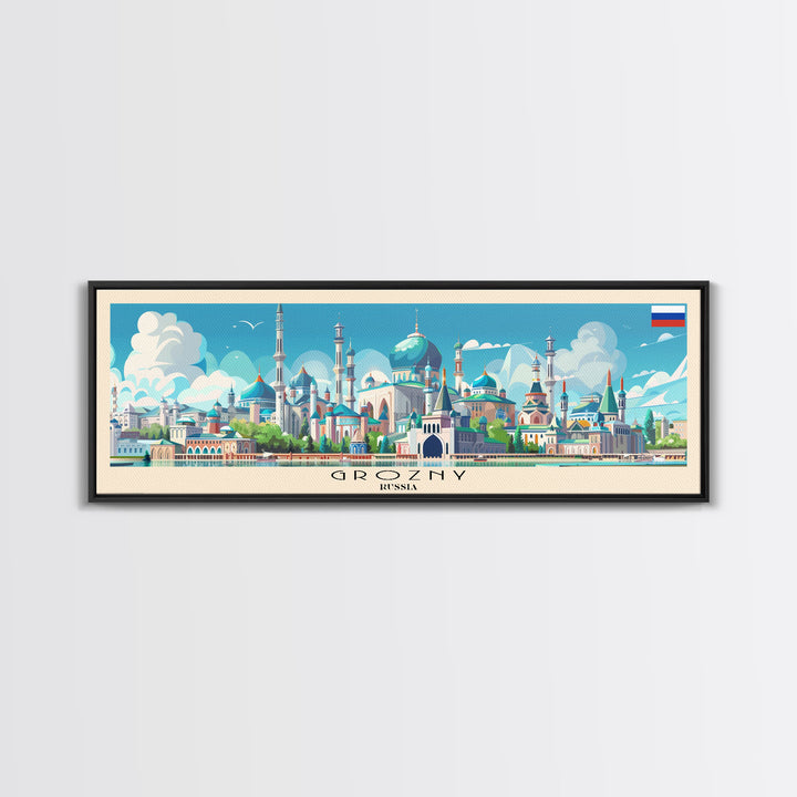 Grozny Russia Panoramic Travel Poster, Framed Canvas Print or Metal Wall Art, Travel Art, Home Decor, Panoramic Painting, Midcentury Art