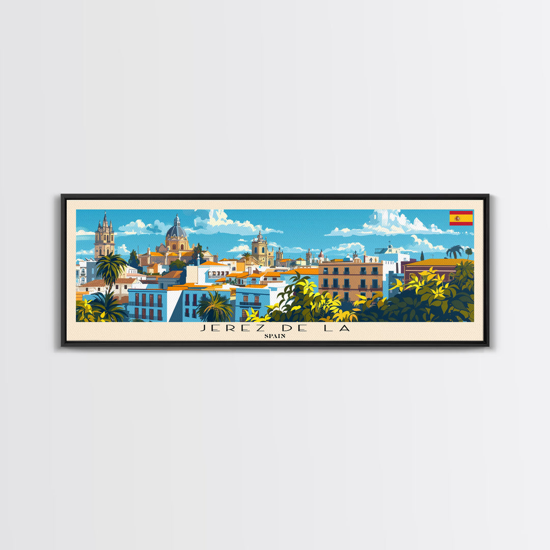 Jerez D eLa Frontera Spain Panoramic Travel Poster, Framed Canvas Print or Metal Wall Art, Travel Art, Home Decor, Panoramic Painting, Midcentury Art