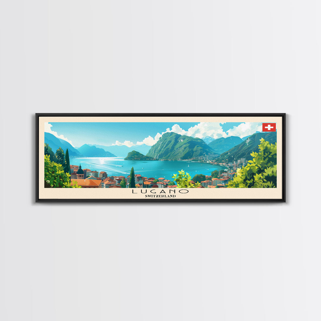 Lugano Switzerland Panoramic Travel Poster, Framed Canvas Print or Metal Wall Art, Travel Art, Home Decor, Panoramic Painting, Midcentury Art