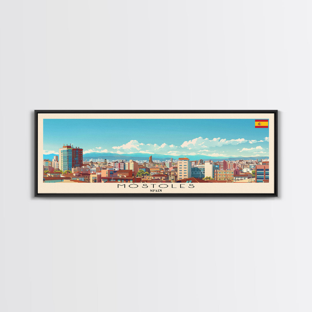 Mostoles Spain Panoramic Travel Poster, Framed Canvas Print or Metal Wall Art, Travel Art, Home Decor, Panoramic Painting, Midcentury Art