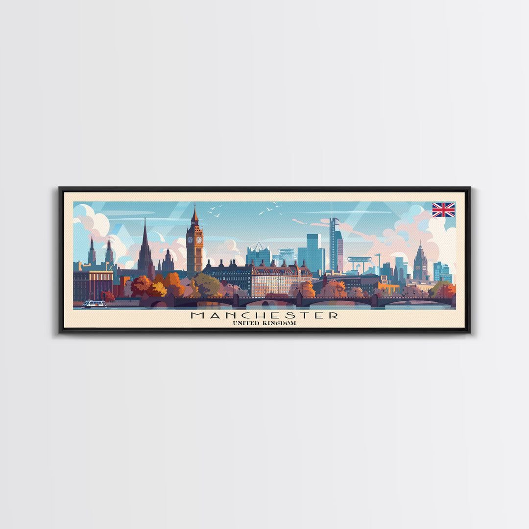 Manchester United Kingdom Panoramic Travel Poster, Framed Canvas Print or Metal Wall Art, Travel Art, Home Decor, Panoramic Painting, Midcentury Art