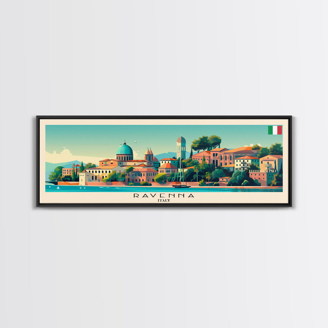 Ravenna Italy Panoramic Travel Poster, Framed Canvas Print or Metal Wall Art, Travel Art, Home Decor, Panoramic Painting, Midcentury Art