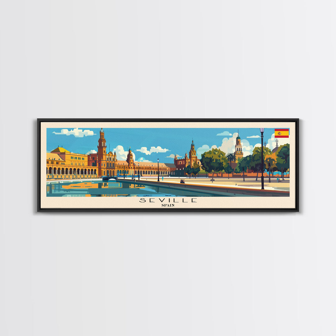 Seville Spain Panoramic Travel Poster, Framed Canvas Print or Metal Wall Art, Travel Art, Home Decor, Panoramic Painting, Midcentury Art