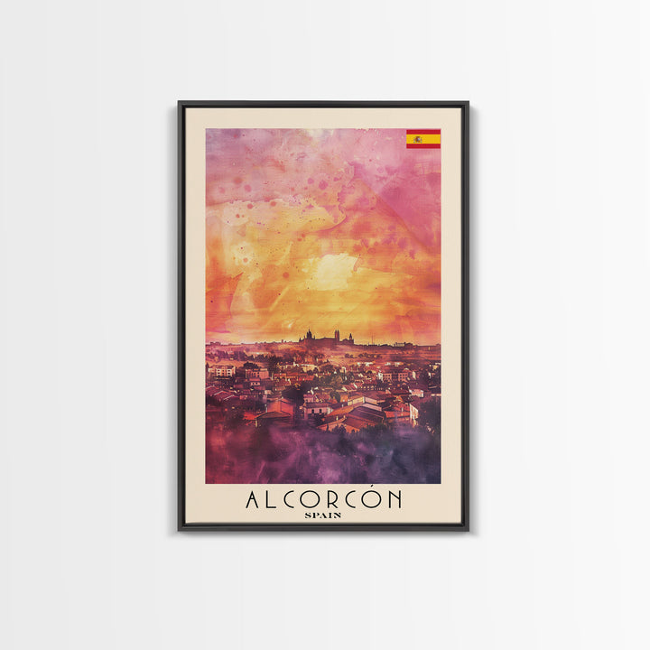 Alcorcón Spain Sunset Skyline Travel Poster Art, Framed Canvas Print, Beautiful Wall Art for Living Room or Bedroom, Home Decoration