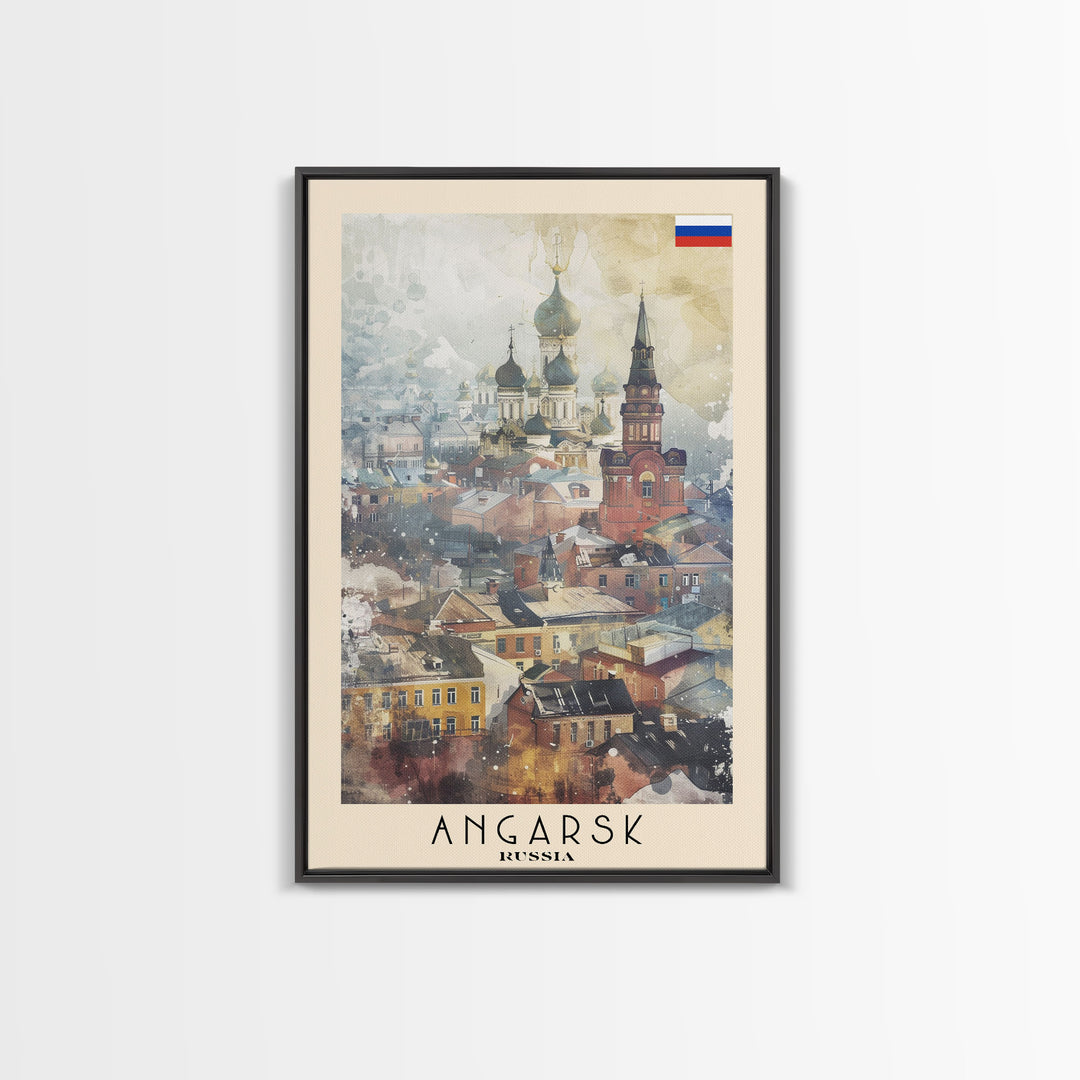 Beautiful Angarsk Skyline, Framed Canvas Print, Unique Travel Poster Art, Living Room Wall Decor, Minimalist Style, Watercolor Painting