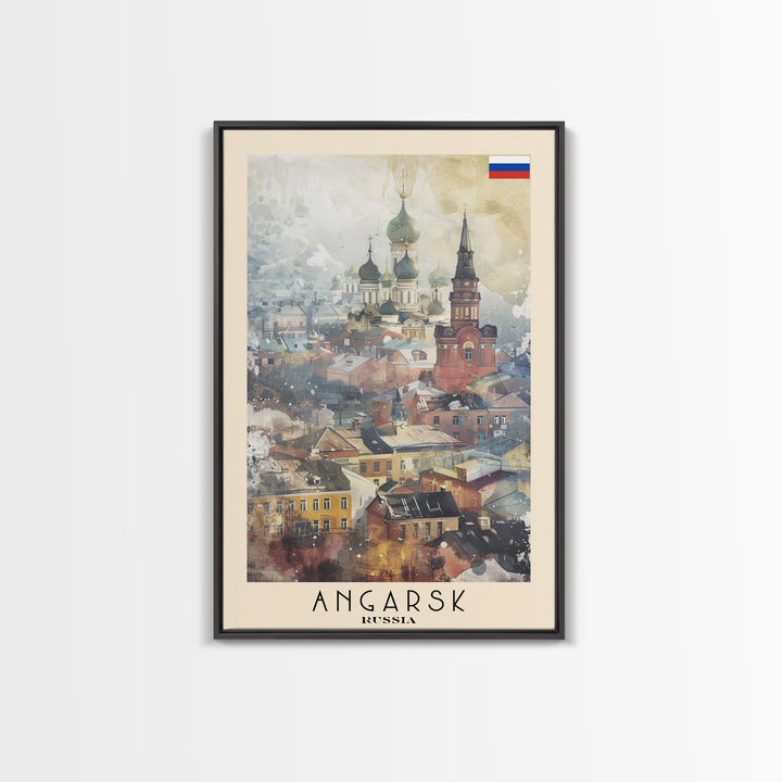 Beautiful Angarsk Skyline, Framed Canvas Print, Unique Travel Poster Art, Living Room Wall Decor, Minimalist Style, Watercolor Painting