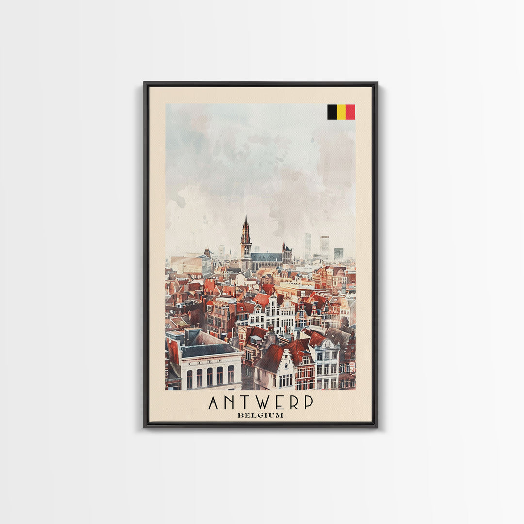Charming Antwerp Cityscape, Framed Canvas Print, Perfect for Living Room Art, Travel Poster, Minimalist Home Decor, Watercolor Art