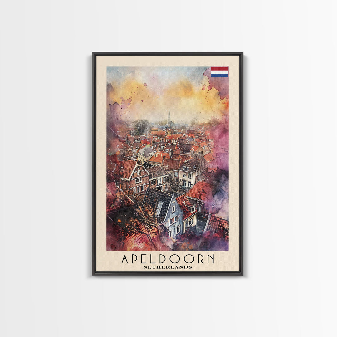 Scenic Apeldoorn Rooftops, Framed Canvas Print, Perfect for Living Room Art, Travel Poster, Boho Wall Decor, Watercolor Painting