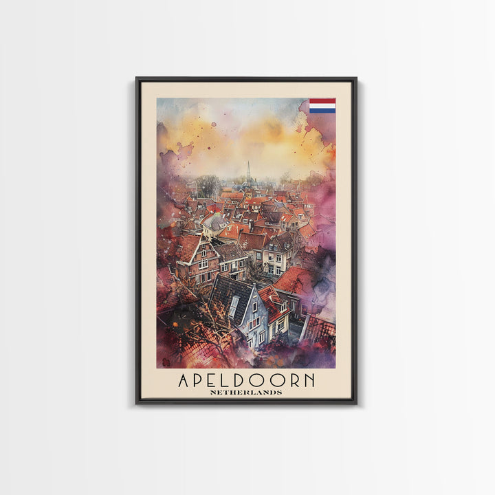 Scenic Apeldoorn Rooftops, Framed Canvas Print, Perfect for Living Room Art, Travel Poster, Boho Wall Decor, Watercolor Painting