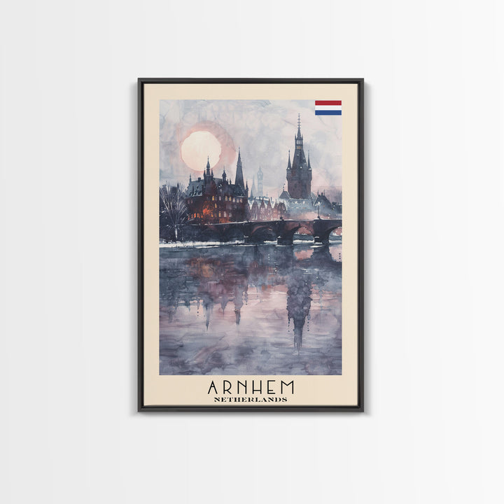 Arnhem Netherlands Travel Poster Framed Canvas Print, Wall Art, Home Decor, Vacation Print, Watercolor Painting, Cityscape Art