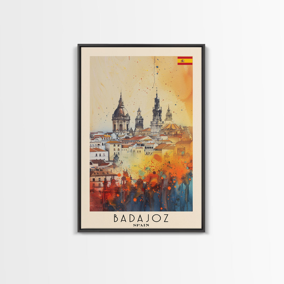 Badajoz Spain Travel Poster Framed Canvas Print, Wall Art, Home Decor, Vacation Print, Watercolor Painting, Cityscape Art, Vibrant Colors