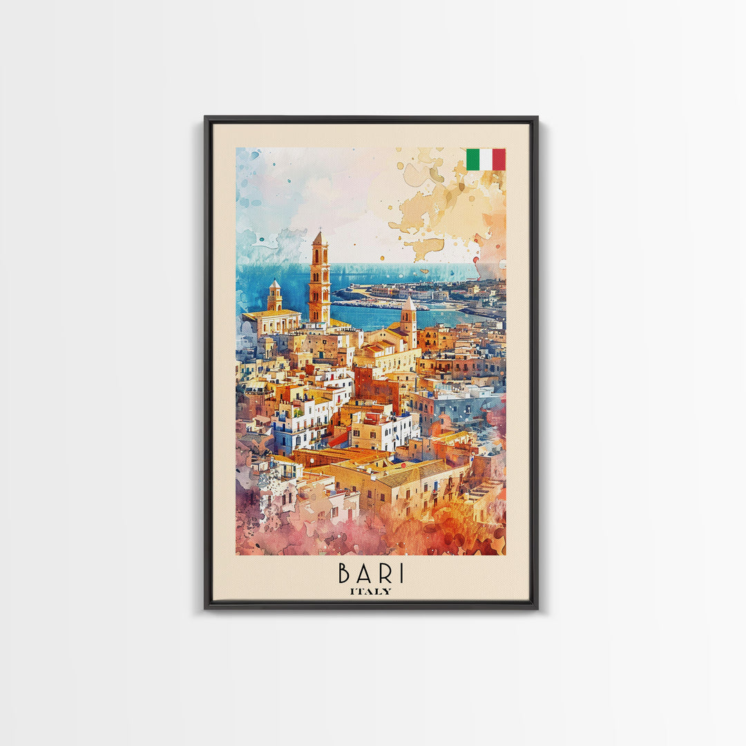 Bari Italy Travel Poster Framed Canvas Print, Wall Art, Home Decor, Watercolor Painting, Vacation Gift, Minimalist Art