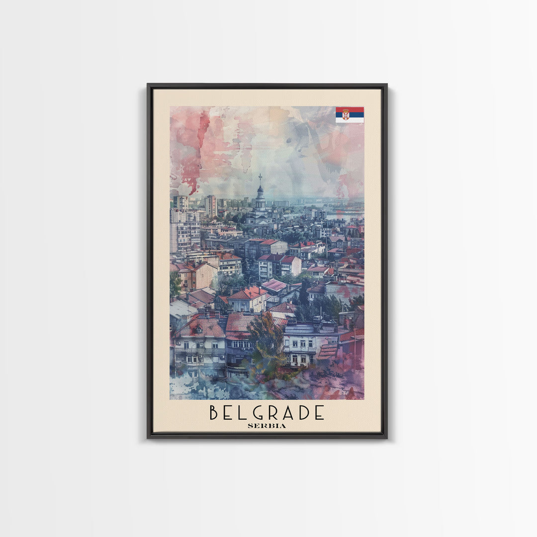 Belgrade Serbia Travel Poster Framed Canvas Print, Wall Art, Living Room Art, Watercolor Painting, Original Art, Vacation Gift