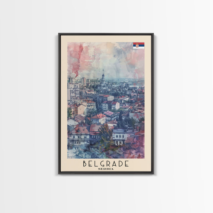 Belgrade Serbia Travel Poster Framed Canvas Print, Wall Art, Living Room Art, Watercolor Painting, Original Art, Vacation Gift
