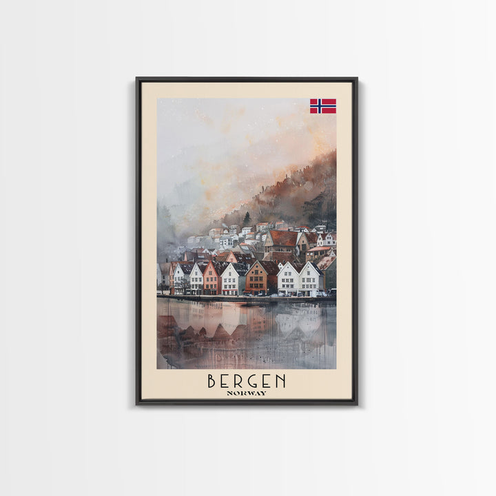 Bergen Norway Travel Poster Framed Canvas Print, Watercolor Painting, Wall Art, Home Decor, Boho Art, Scenic Travel Print