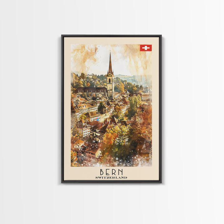 Bern Switzerland Travel Poster Framed Canvas Print, Watercolor Painting, Wall Art, Home Decor, Travel Print, Scenic Art, Original