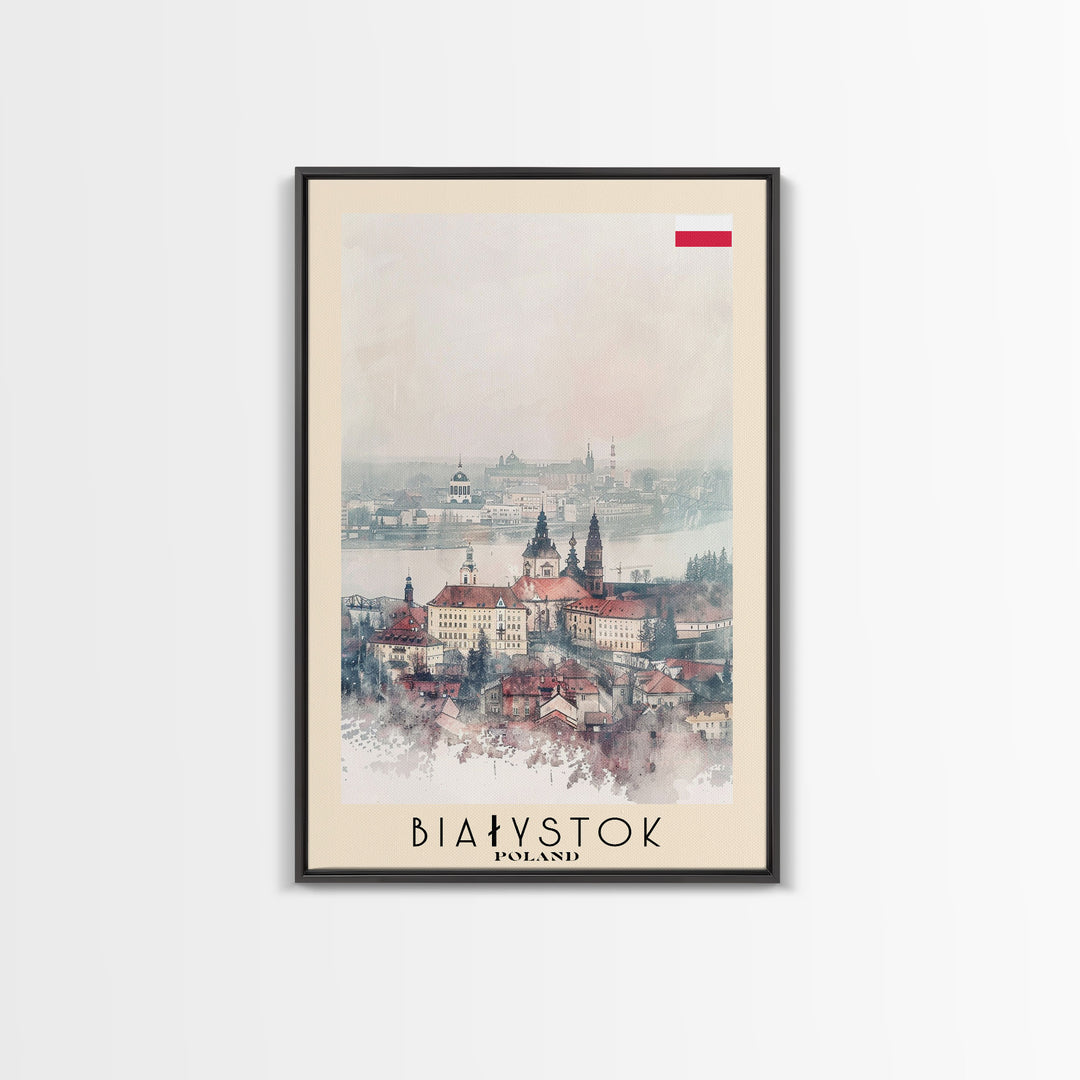 Białystok Poland Travel Poster Framed Canvas Print, Watercolor Art, Home Decor, Wall Art, Travel Print, Historic Cityscape Art
