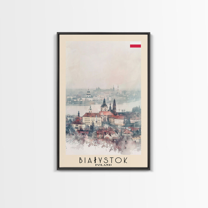Białystok Poland Travel Poster Framed Canvas Print, Watercolor Art, Home Decor, Wall Art, Travel Print, Historic Cityscape Art