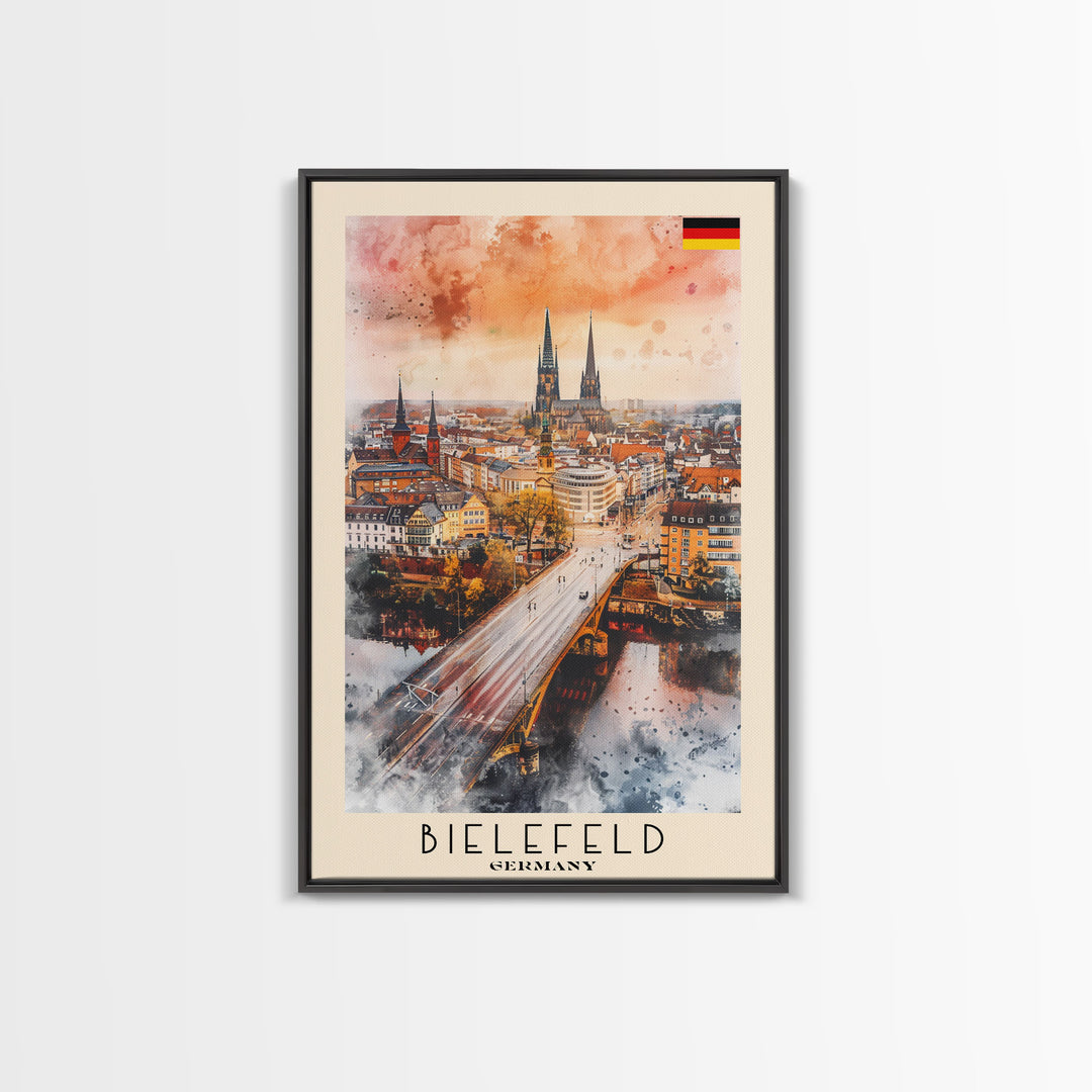 Bielefeld Germany Travel Poster Framed Canvas Print, Watercolor Art, Home Decor, Wall Art, Travel Print, Cityscape Art